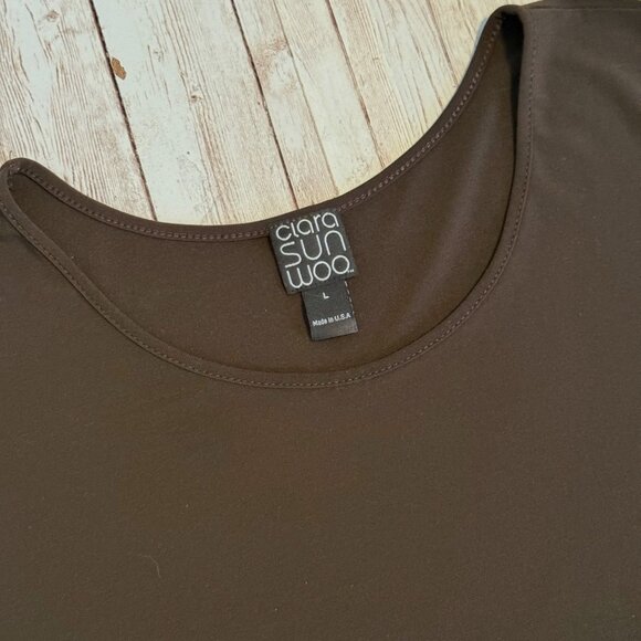 LARGE Clara Sun Woo Brown Basic Long Sleeve Tunic Top Travel Friendly - Picture 2 of 4